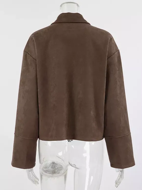 Veste courte femme en daim moka - Fermeture éclair minimaliste col polo coupe carrée - Idéale pour un look streetwear printanier décontracté (collection printemps 2026)