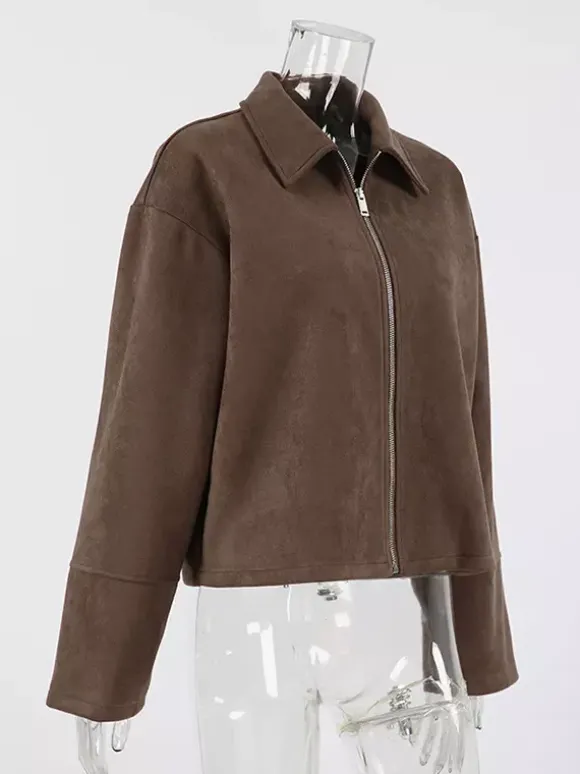 Veste courte femme en daim moka - Fermeture éclair minimaliste col polo coupe carrée - Idéale pour un look streetwear printanier décontracté (collection printemps 2026)