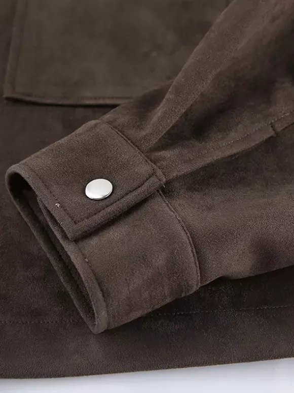 Veste courte zippée en daim marron avec poches pour femme (2026)