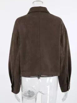 Veste courte zippée en daim marron avec poches pour femme (2026)