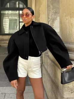 Veste courte zippée en laine mélangée à col à revers et manches chauve-souris pour femme