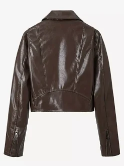 Veste de motard courte en cuir marron fermeture éclair à revers et ceinture coupe ajustée.