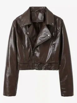 Veste de motard courte en cuir marron fermeture éclair à revers et ceinture coupe ajustée.