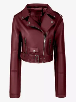 Veste de motard courte multicolore revers fermeture éclair diagonale ceinture vêtement d'extérieur en similicuir