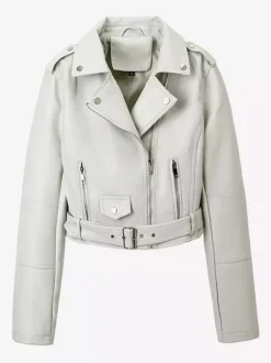Veste de motard courte multicolore revers fermeture éclair diagonale ceinture vêtement d'extérieur en similicuir