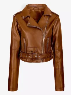 Veste de motard courte multicolore revers fermeture éclair diagonale ceinture vêtement d'extérieur en similicuir