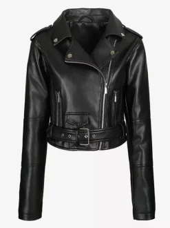 Veste de motard courte multicolore revers fermeture éclair diagonale ceinture vêtement d'extérieur en similicuir
