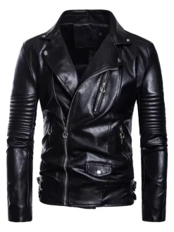 Veste de moto en cuir pour homme Veste en cuir slim asymétrique à fermeture éclair