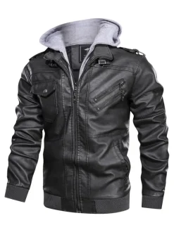 Veste de moto en cuir pour homme Veste en cuir à capuche zippée