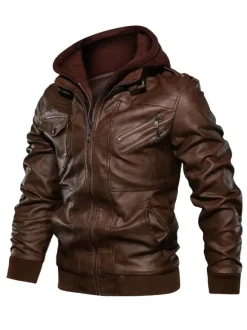 Veste de moto en cuir pour homme Veste en cuir à capuche zippée