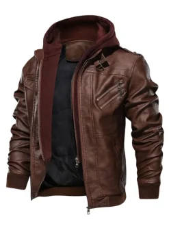 Veste de moto en cuir pour homme Veste en cuir à capuche zippée