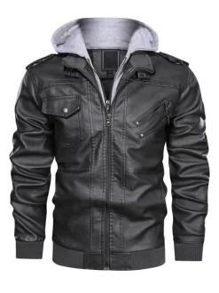 Veste de moto en cuir pour homme Veste en cuir à capuche zippée