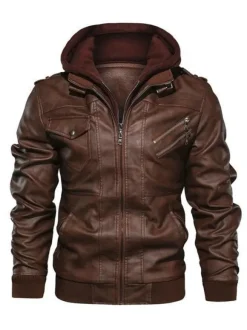 Veste de moto en cuir pour homme Veste en cuir à capuche zippée