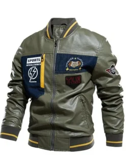 Veste en cuir pour homme simple zippée imprimée col montant coupe-vent veste bomber
