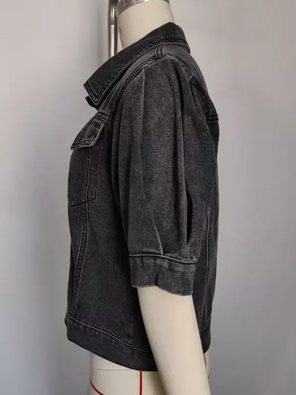 Veste en jean à manches bouffantes pour femme - Manteau trucker court rétro à manches courtes - Streetwear été printemps 2026