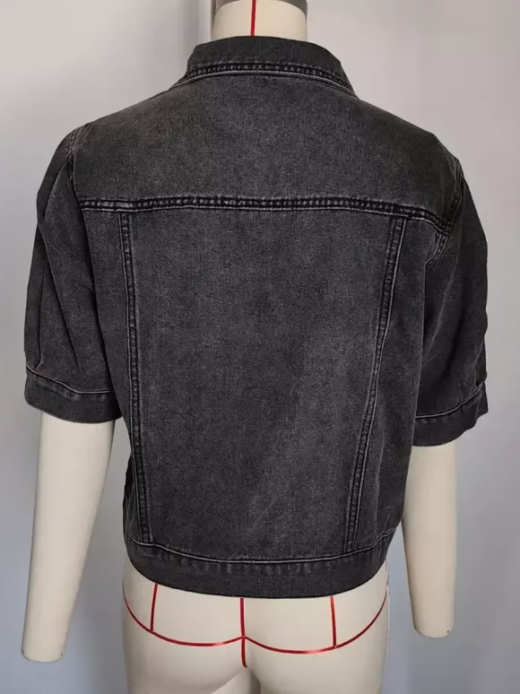 Veste en jean à manches bouffantes pour femme - Manteau trucker court rétro à manches courtes - Streetwear été printemps 2026