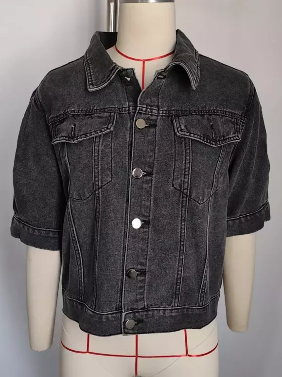 Veste en jean à manches bouffantes pour femme - Manteau trucker court rétro à manches courtes - Streetwear été printemps 2026
