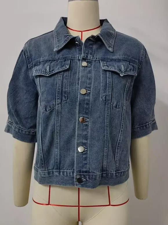 Veste en jean à manches bouffantes pour femme - Manteau trucker court rétro à manches courtes - Streetwear été printemps 2026