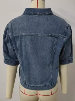 Veste en jean à manches bouffantes pour femme - Manteau trucker court rétro à manches courtes - Streetwear été printemps 2026