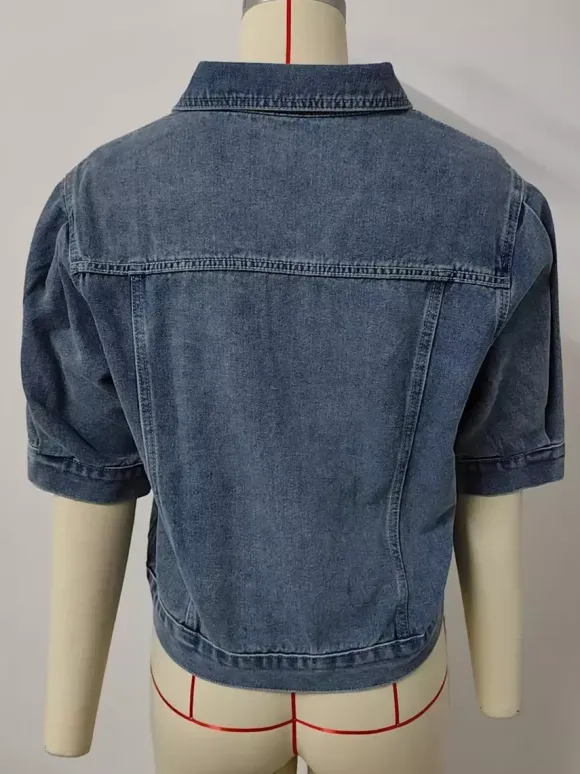 Veste en jean à manches bouffantes pour femme - Manteau trucker court rétro à manches courtes - Streetwear été printemps 2026