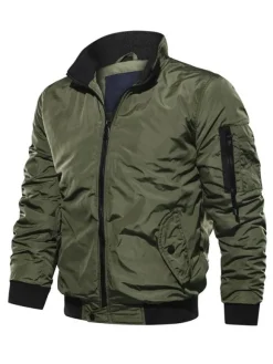 Veste en jean homme polyester col montant moderne manches longues vert chasseur veste coupe classique