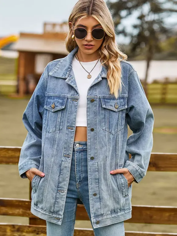 Veste en jean oversize pour femme - Manteau long boyfriend effet délavé - Style streetwear chic printemps 2026