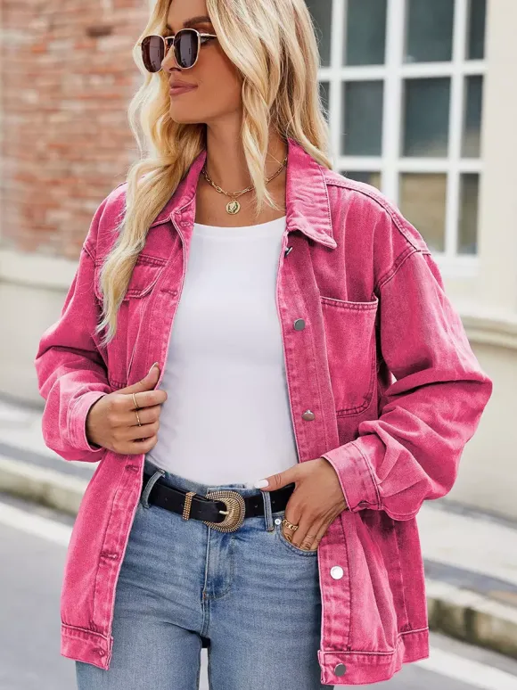 Veste en jean oversize vintage pour femme - Coupe ample revers et boutons - Style trucker - Collection printemps-été 2026
