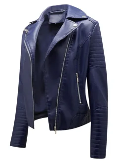 Veste Femme en Cuir Synthétique avec Manches Longues à Col Revers à Zip Unicolore