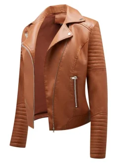 Veste Femme en Cuir Synthétique avec Manches Longues à Col Revers à Zip Unicolore