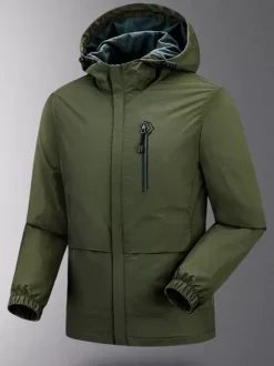 Veste Pour Homme À Capuche Fermeture Éclair En Polyester Décontracté Imperméable