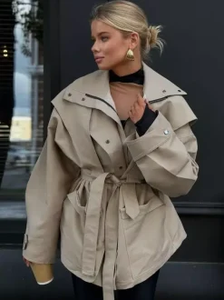 Veste safari ceinturée manteau kaki pour femme 2026