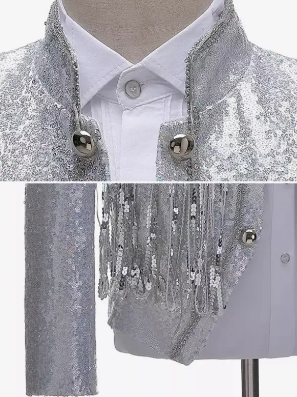 Veste Vintage Médiévale Argenté À Franges Paillettes Costumes Rétro Hommes