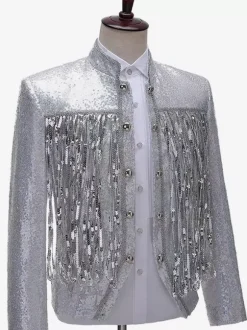 Veste Vintage Médiévale Argenté À Franges Paillettes Costumes Rétro Hommes
