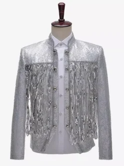 Veste Vintage Médiévale Argenté À Franges Paillettes Costumes Rétro Hommes