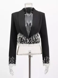 Veste blazer à franges et perles pour femme - Manteau de soirée noir court à revers châle et franges - Printemps 2026
