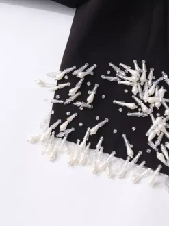 Veste blazer à franges et perles pour femme - Manteau de soirée noir court à revers châle et franges - Printemps 2026