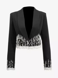 Veste blazer à franges et perles pour femme - Manteau de soirée noir court à revers châle et franges - Printemps 2026