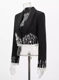 Veste blazer à franges et perles pour femme - Manteau de soirée noir court à revers châle et franges - Printemps 2026