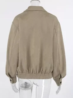 Veste bomber courte décontractée en faux daim pour femme col à revers zippé ourlet côtelé élastique.