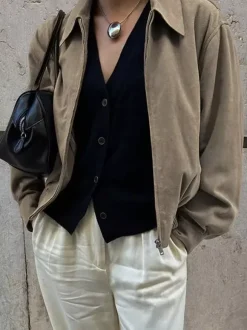 Veste bomber courte décontractée en faux daim pour femme col à revers zippé ourlet côtelé élastique.