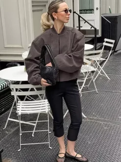 Veste bomber courte oversize à col montant et fermeture éclair en faux daim pour femme