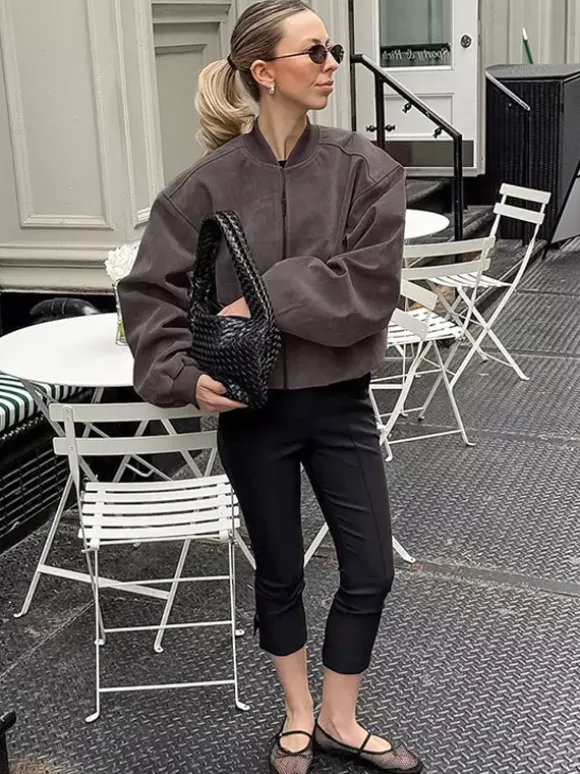 Veste bomber courte oversize à col montant et fermeture éclair en faux daim pour femme