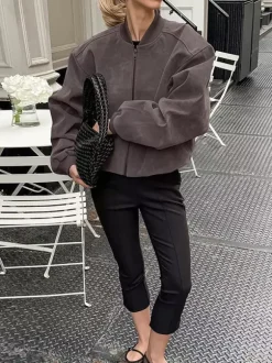 Veste bomber courte oversize à col montant et fermeture éclair en faux daim pour femme