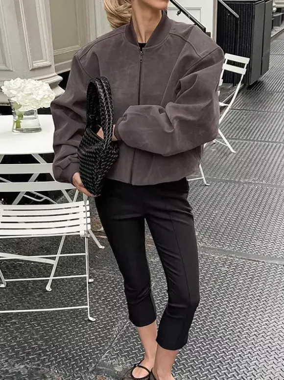 Veste bomber courte oversize à col montant et fermeture éclair en faux daim pour femme