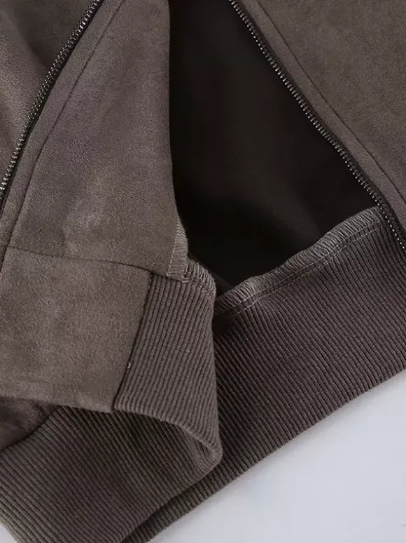 Veste bomber courte oversize à col montant et fermeture éclair en faux daim pour femme