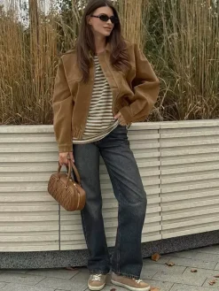 Veste bomber courte vintage pour femme col en daim fermeture éclair poignets élastiques