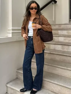 Veste-chemise femme en faux daim beige - Haut oversize rétro à poches cargo - Style streetwear décontracté printemps 2026