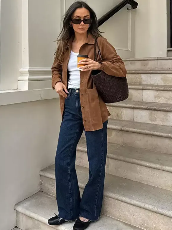 Veste-chemise femme en faux daim beige - Haut oversize rétro à poches cargo - Style streetwear décontracté printemps 2026