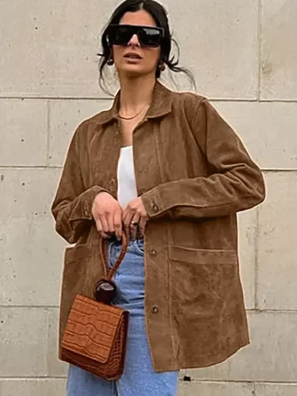 Veste-chemise femme en faux daim beige - Haut oversize rétro à poches cargo - Style streetwear décontracté printemps 2026