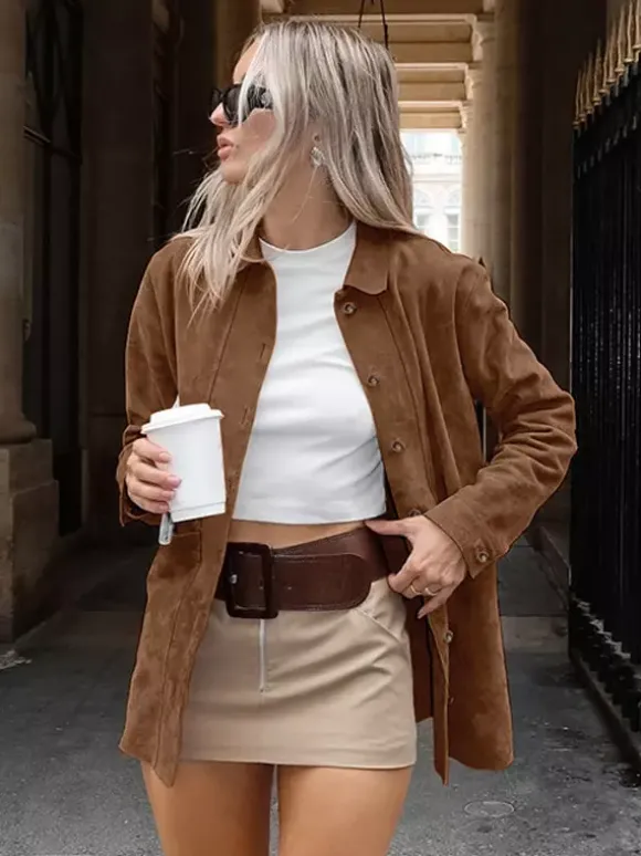Veste-chemise femme en faux daim beige - Haut oversize rétro à poches cargo - Style streetwear décontracté printemps 2026